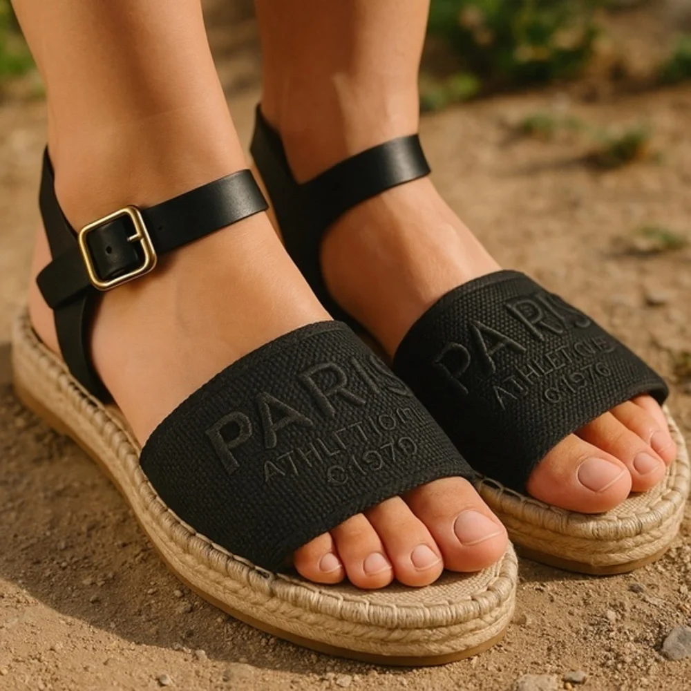 Black Platform Espadrille Sandals Paris Athletic Faux Leather Size 6
